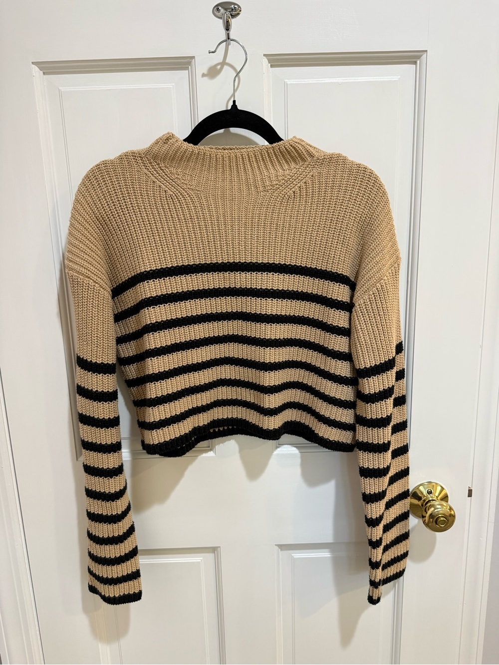 Striped Cropped Crewneck Sweater - Beige and Black